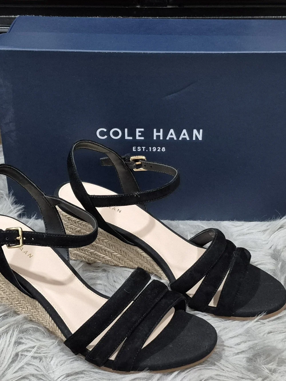 COLE HAAN Women's Black Suede Strap Espadrille Wedge Sandals Size 7.5B